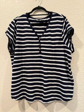 Chicos Blue/White Stripe Henley T with gold button accents Size 4